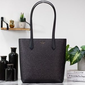 Kate Spade Tinsel Large Black Glitter Fabric Shoulder Tote Bag Handbag Purse